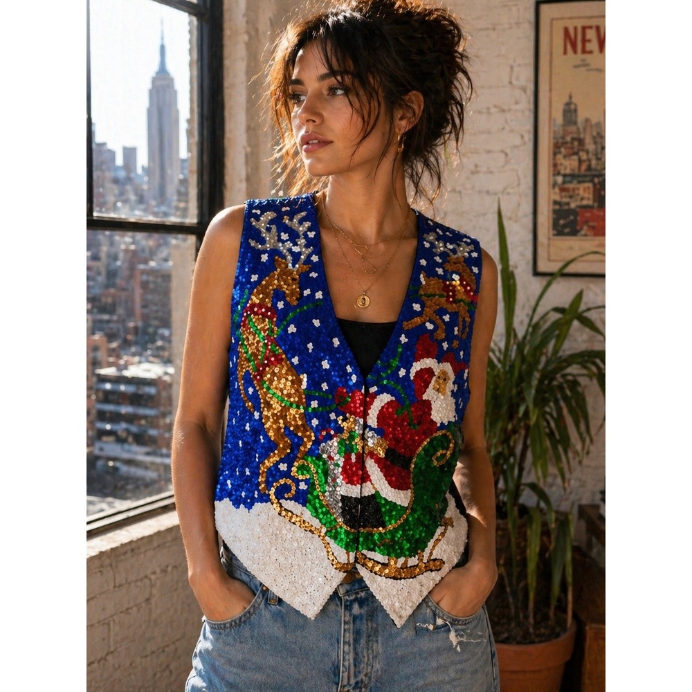 Fashion Fantasy Vintage Christmas Sequin Vest XL Santa Sleigh Reindeer Blue